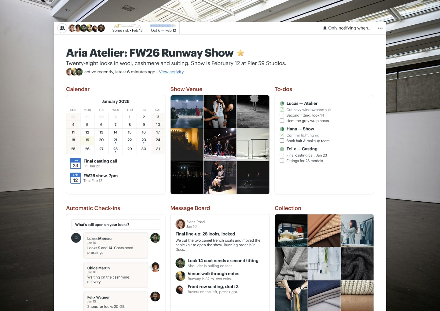 A runway show project in Basecamp with a Message Board, Docs & Files, To-dos, a Calendar, and Email Forwards