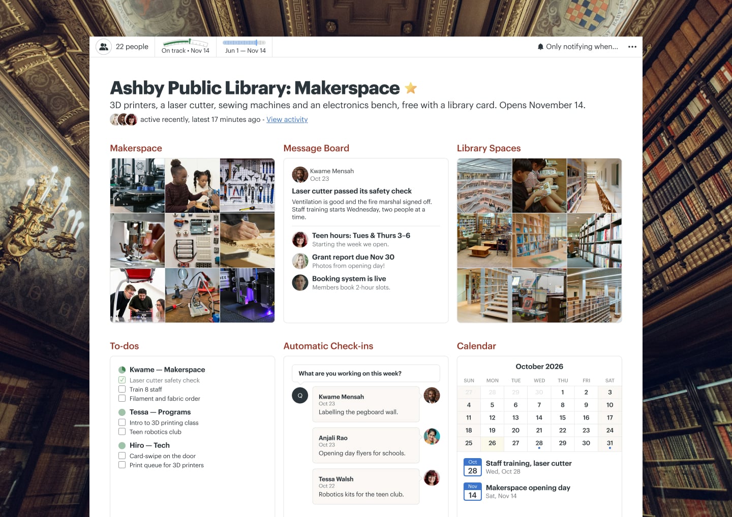 A library makerspace project in Basecamp with a Message Board, Docs & Files, To-dos, a Calendar, and Email Forwards