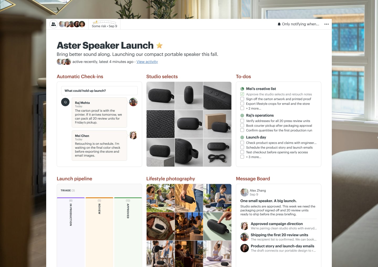 A product launch project in Basecamp with a Card Table, Docs & Files, a Message Board, To-dos, and Automatic Check-ins