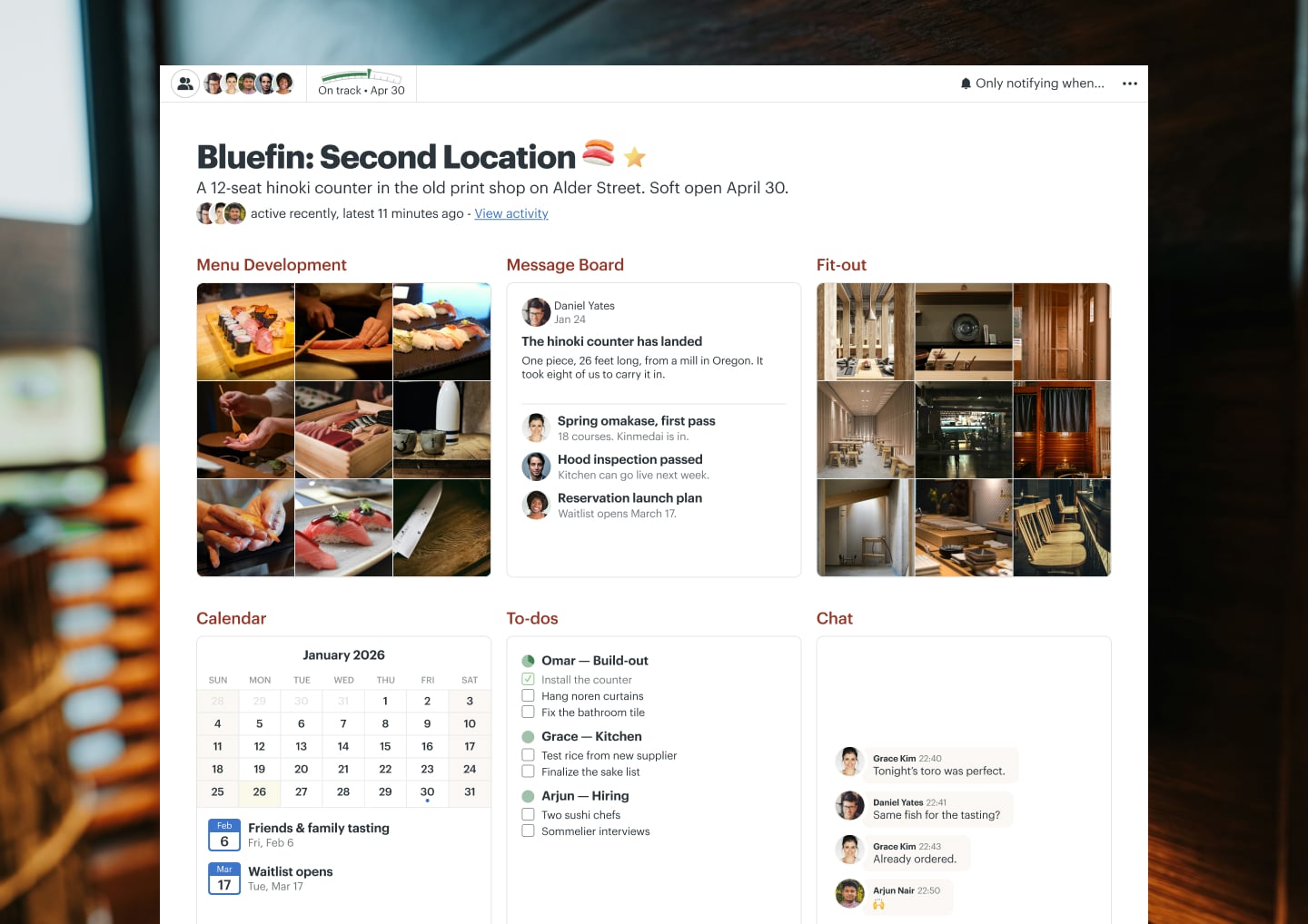 A second location opening project in Basecamp with Docs & Files, a Message Board, a Calendar, To-dos, and Chat