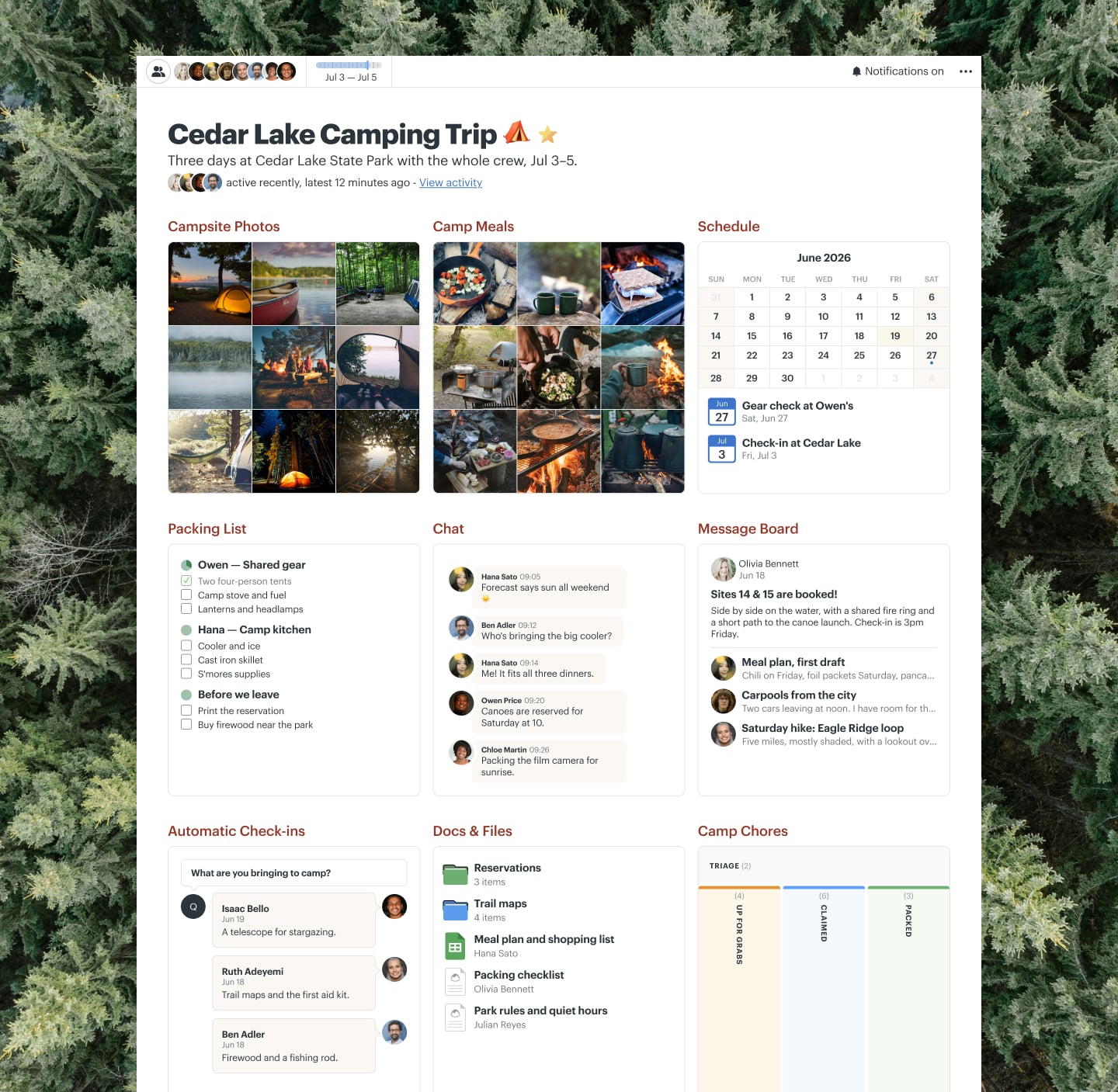 A group camping trip project in Basecamp with a Message Board, Docs & Files, To-dos, a Schedule, and Chat