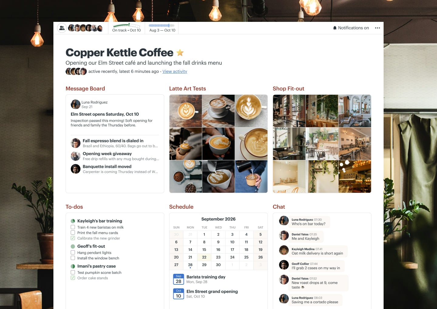 A café menu launch project in Basecamp with a Message Board, Docs & Files, To-dos, a Schedule, and Chat