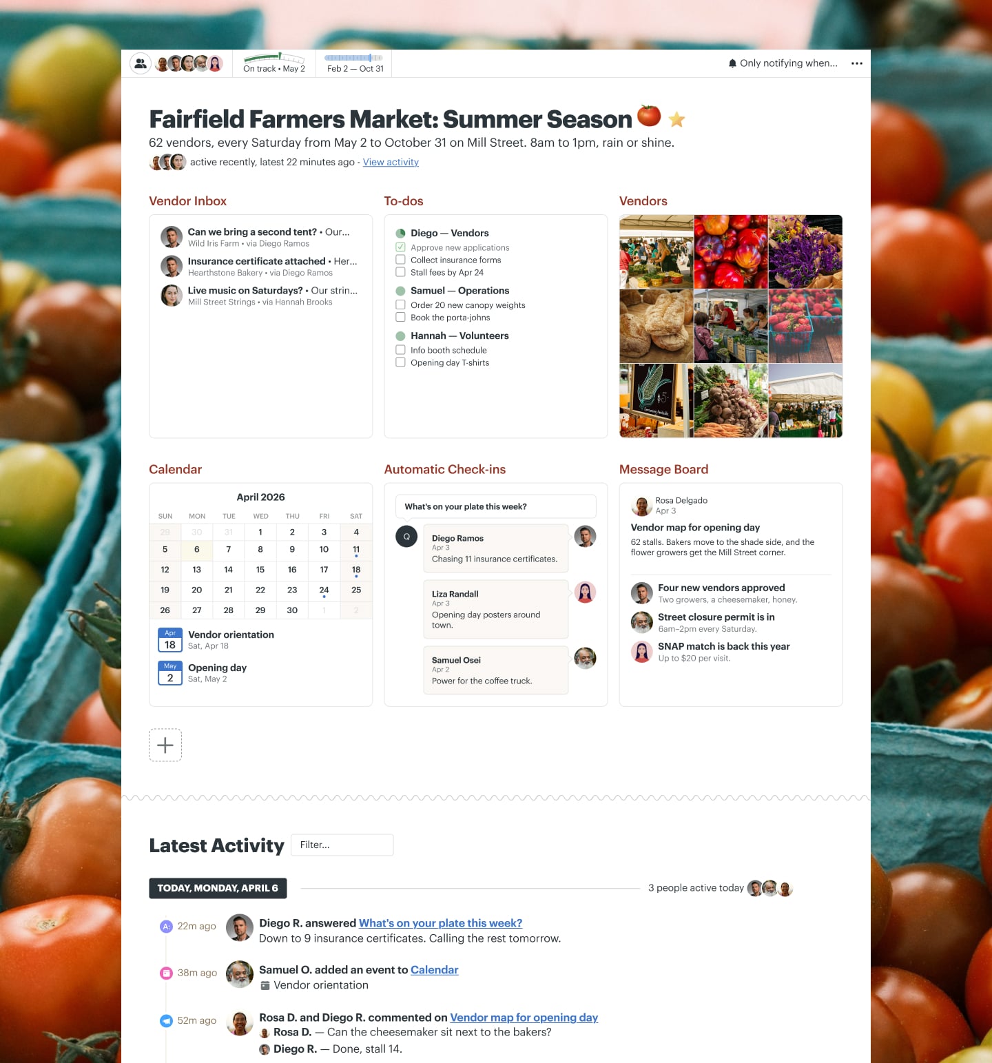 A farmers market season project in Basecamp with a Message Board, Docs & Files, To-dos, a Calendar, and Email Forwards