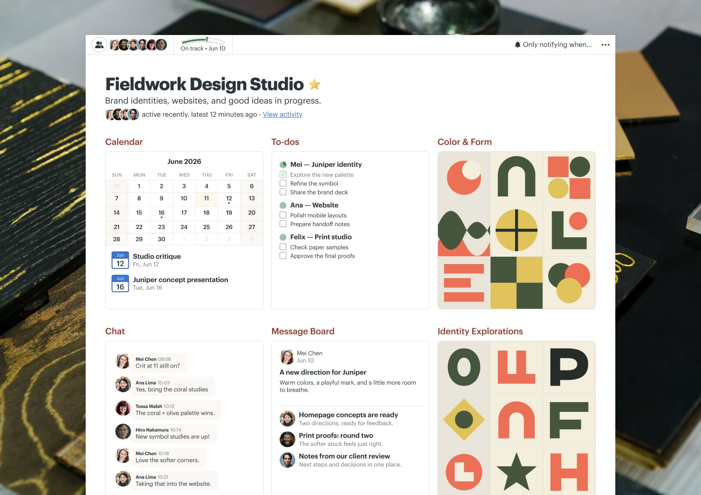 A design agency client work project in Basecamp with Docs & Files, a Message Board, To-dos, a Calendar, and Chat