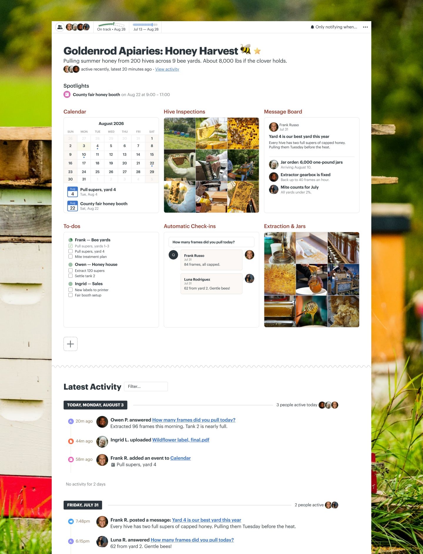 A honey harvest project in Basecamp with a Message Board, Docs & Files, To-dos, a Calendar, and Automatic Check-ins