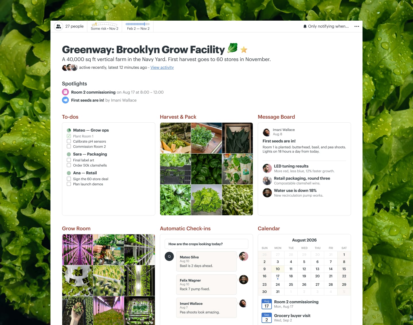 A vertical farm launch project in Basecamp with Docs & Files, a Message Board, To-dos, a Calendar, and Automatic Check-ins