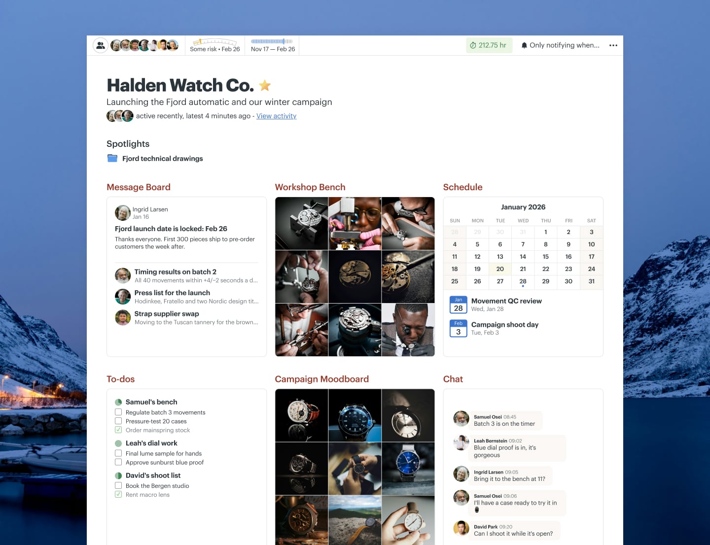 A marketing campaign project in Basecamp with a Message Board, Docs & Files, To-dos, a Schedule, and Chat
