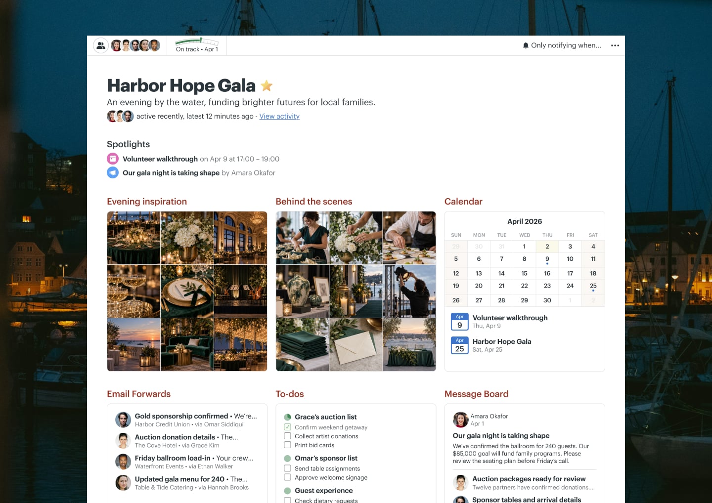 A charity gala planning project in Basecamp with Docs & Files, a Calendar, Email Forwards, and To-dos