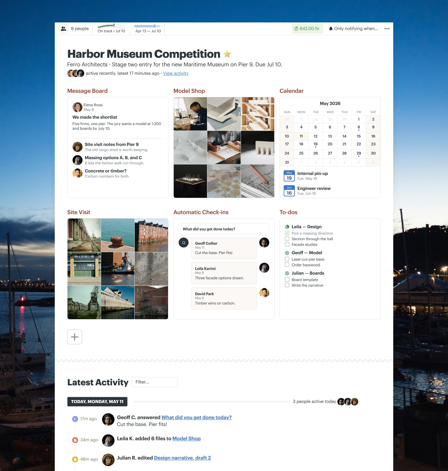 An architecture competition project in Basecamp with a Message Board, Docs & Files, a Calendar, and Automatic Check-ins