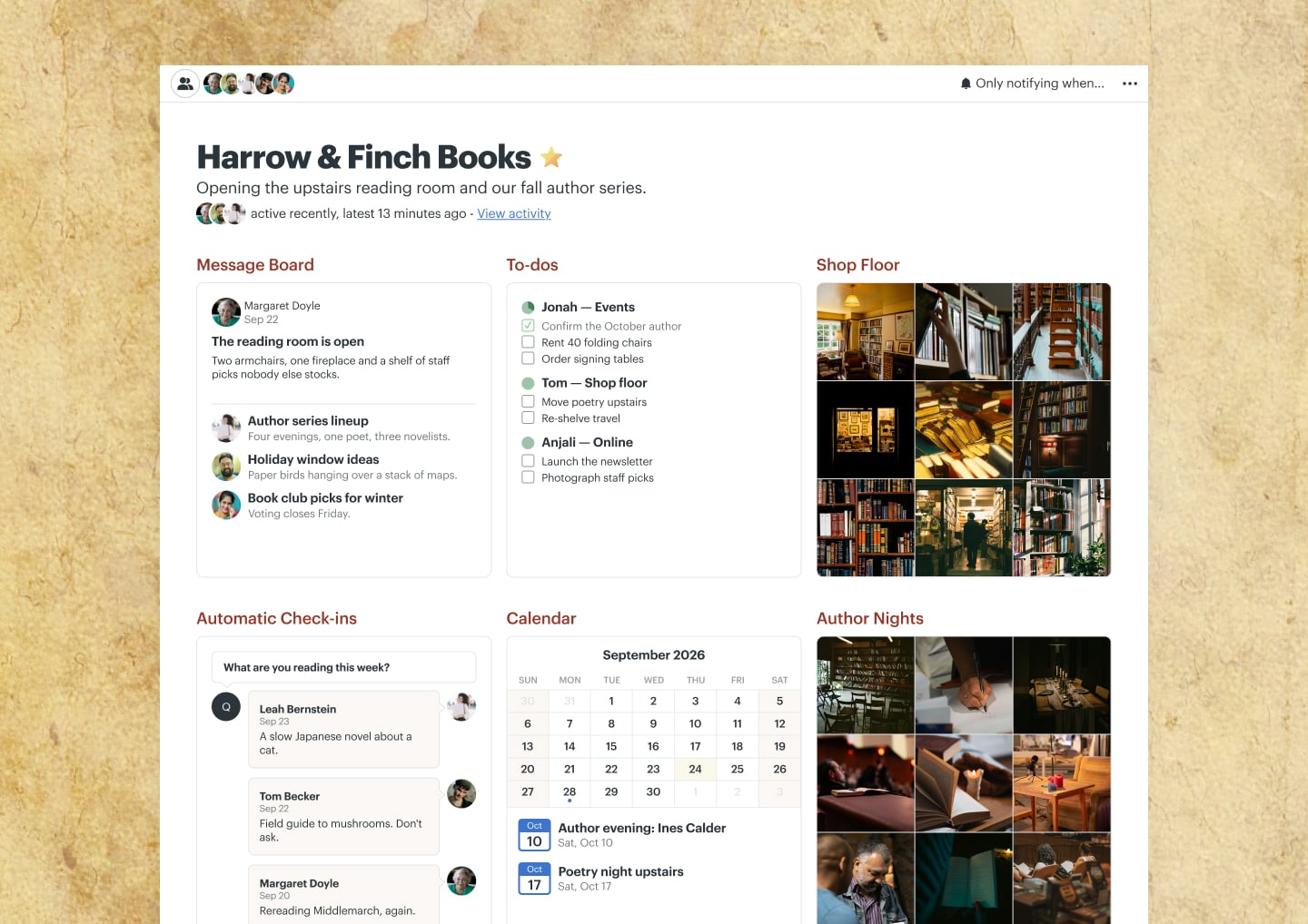A bookstore author events project in Basecamp with a Calendar, a Message Board, To-dos, Docs & Files, and Automatic Check-ins