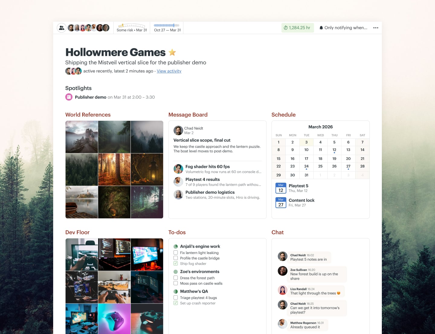 A game development project in Basecamp with Docs & Files, a Message Board, To-dos, a Schedule, and Chat