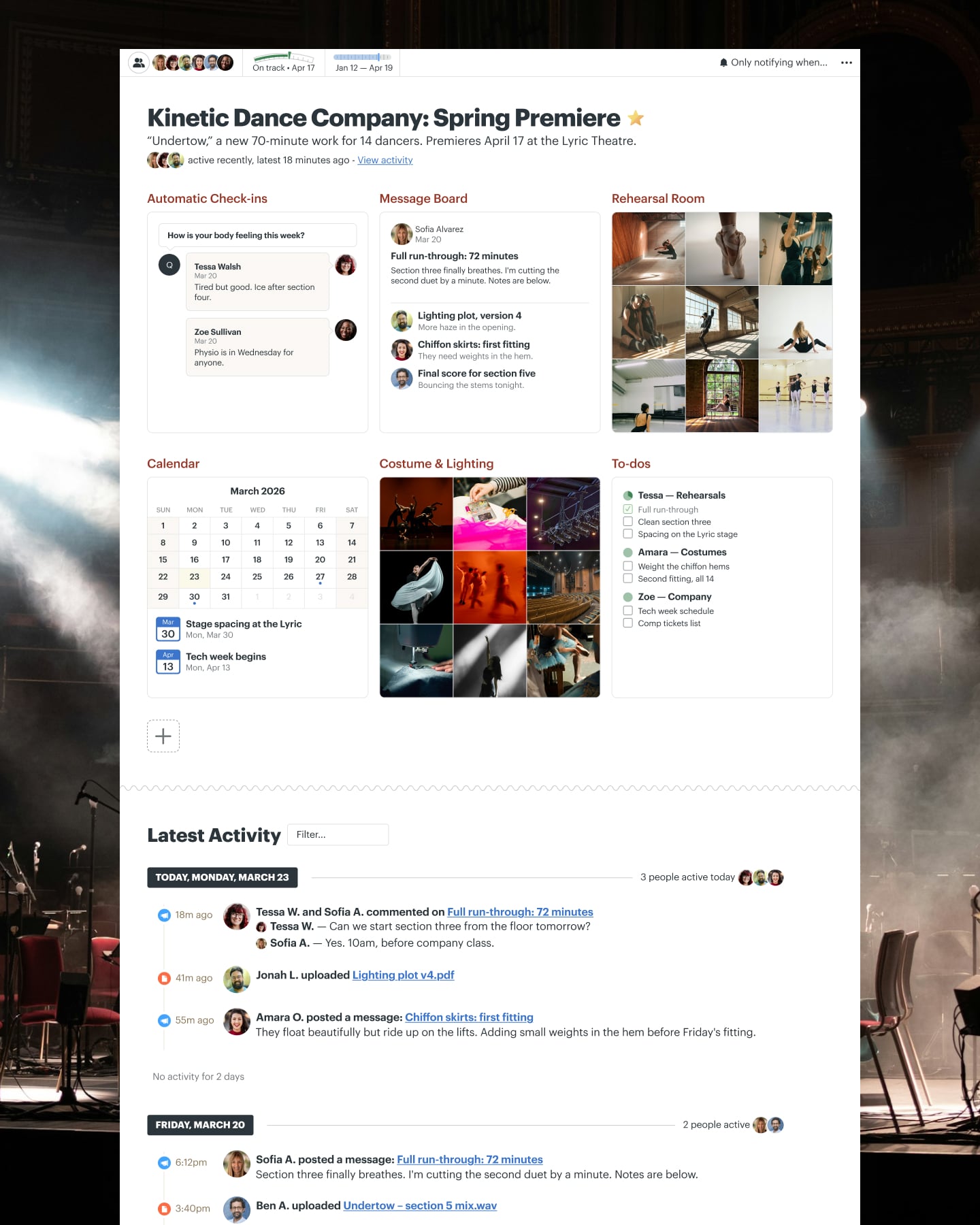 A dance premiere project in Basecamp with a Message Board, Docs & Files, To-dos, a Calendar, and Automatic Check-ins