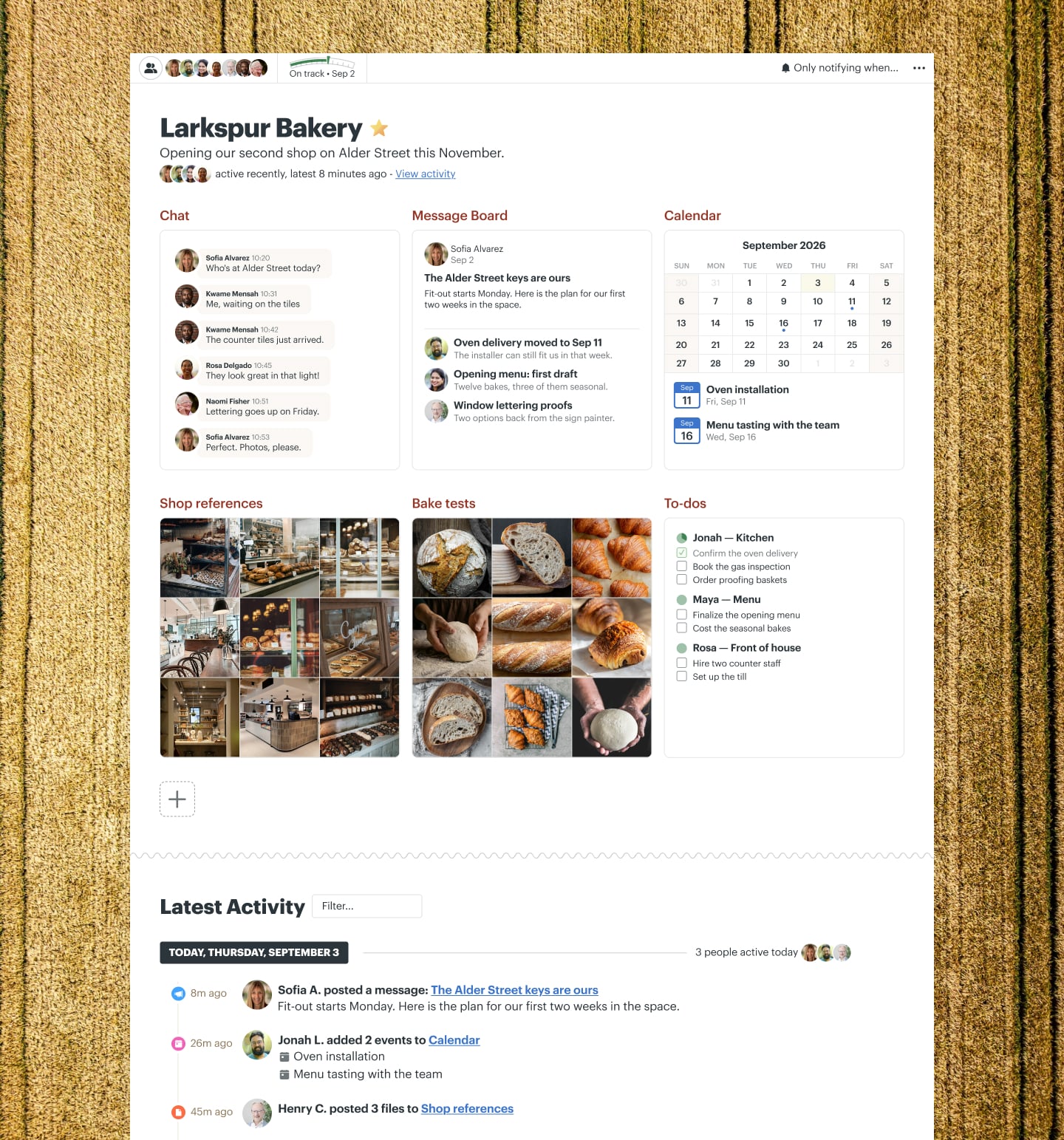 A business expansion project in Basecamp with a Message Board, a Calendar, Docs & Files, To-dos, and Chat