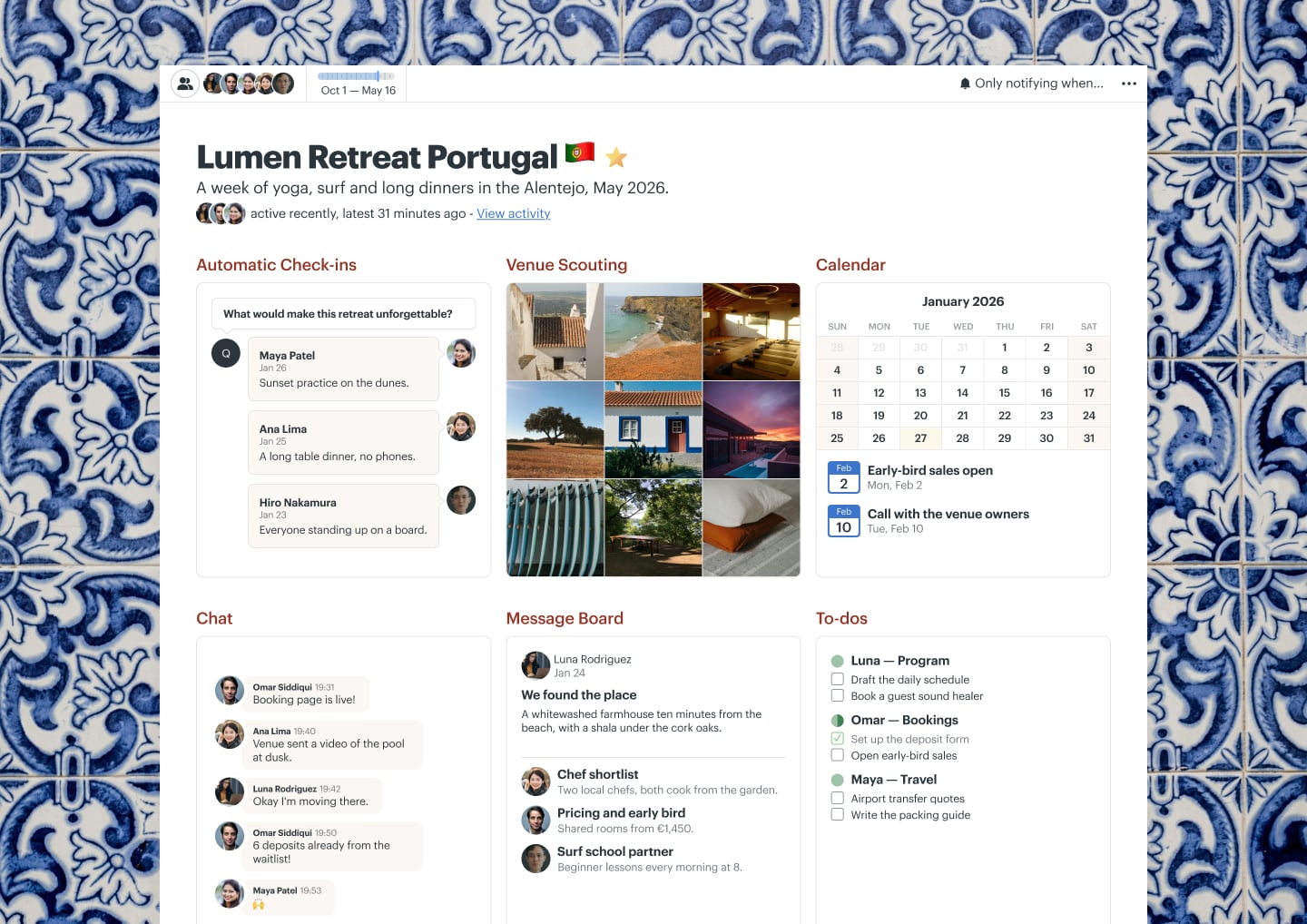 A retreat planning project in Basecamp with Docs & Files, a Message Board, a Calendar, To-dos, Chat, and Automatic Check-ins