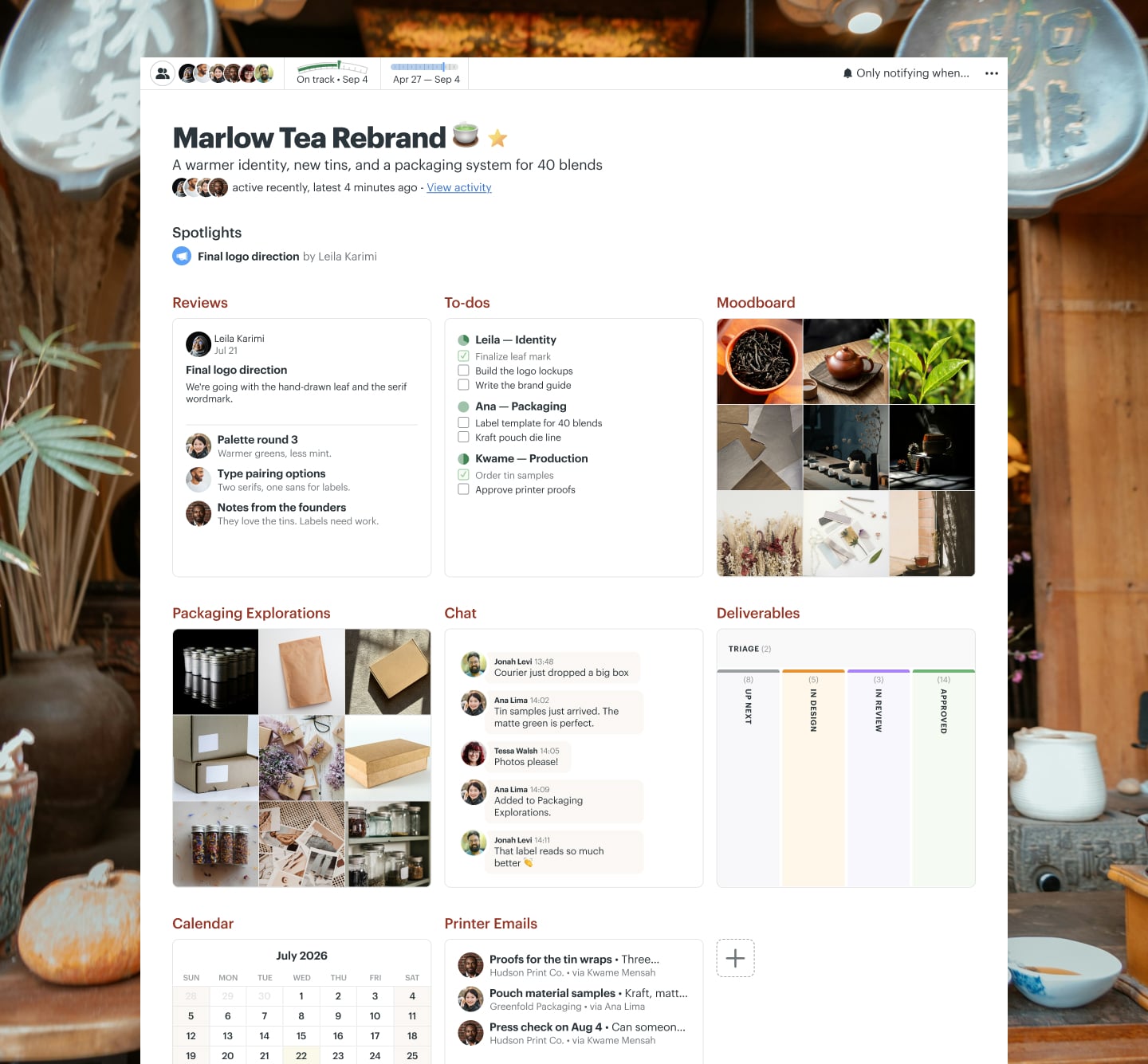 A brand identity refresh project in Basecamp with a Message Board, a Card Table, Docs & Files, and Email Forwards