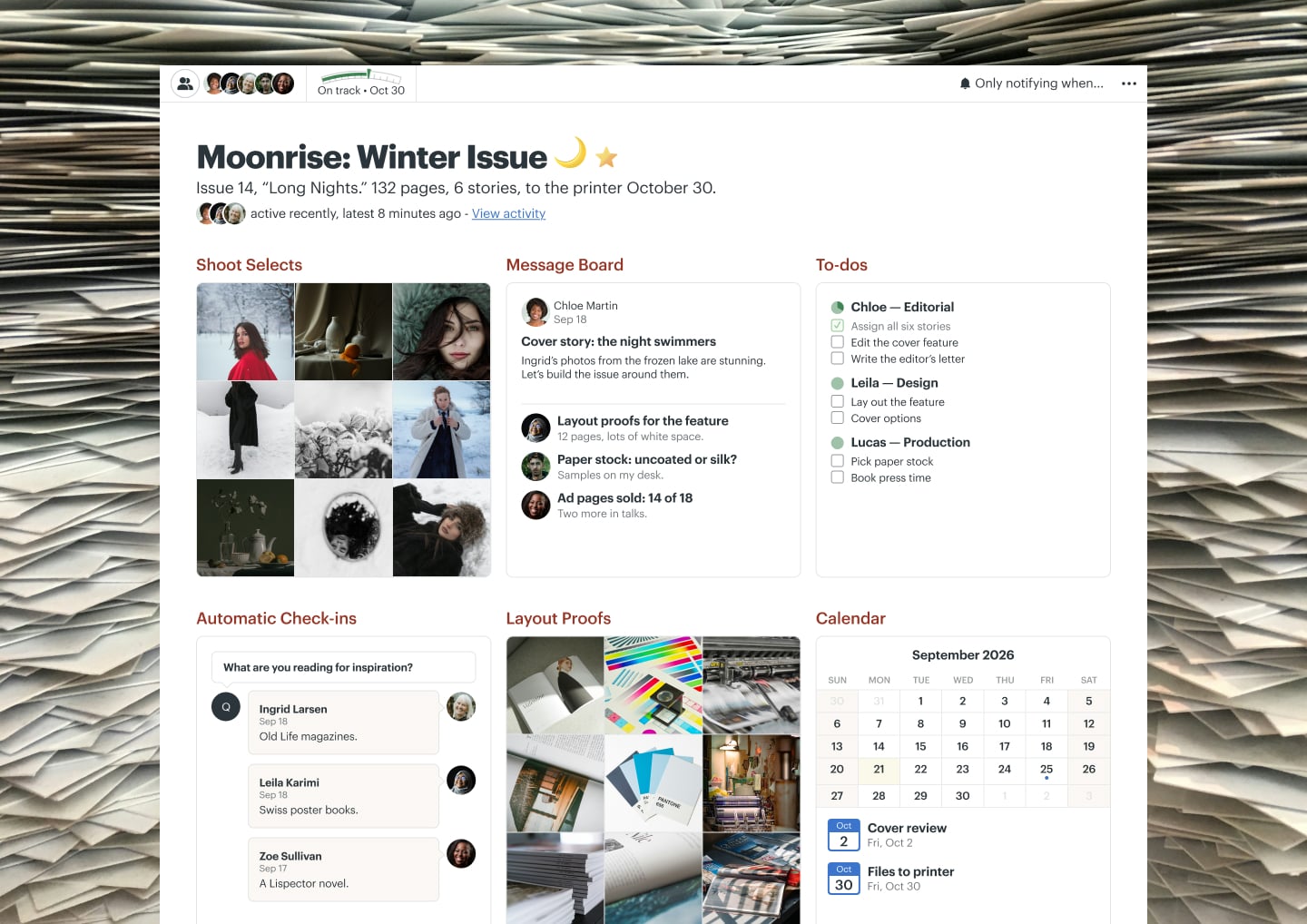 A magazine production project in Basecamp with Docs & Files, a Message Board, To-dos, a Calendar, and Automatic Check-ins
