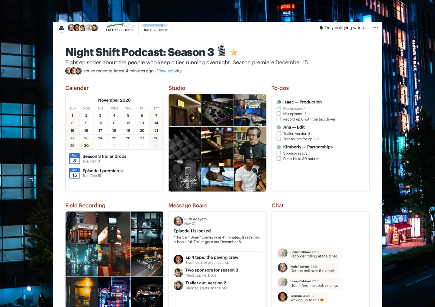A podcast season project in Basecamp with a Message Board, Docs & Files, To-dos, a Calendar, and Chat