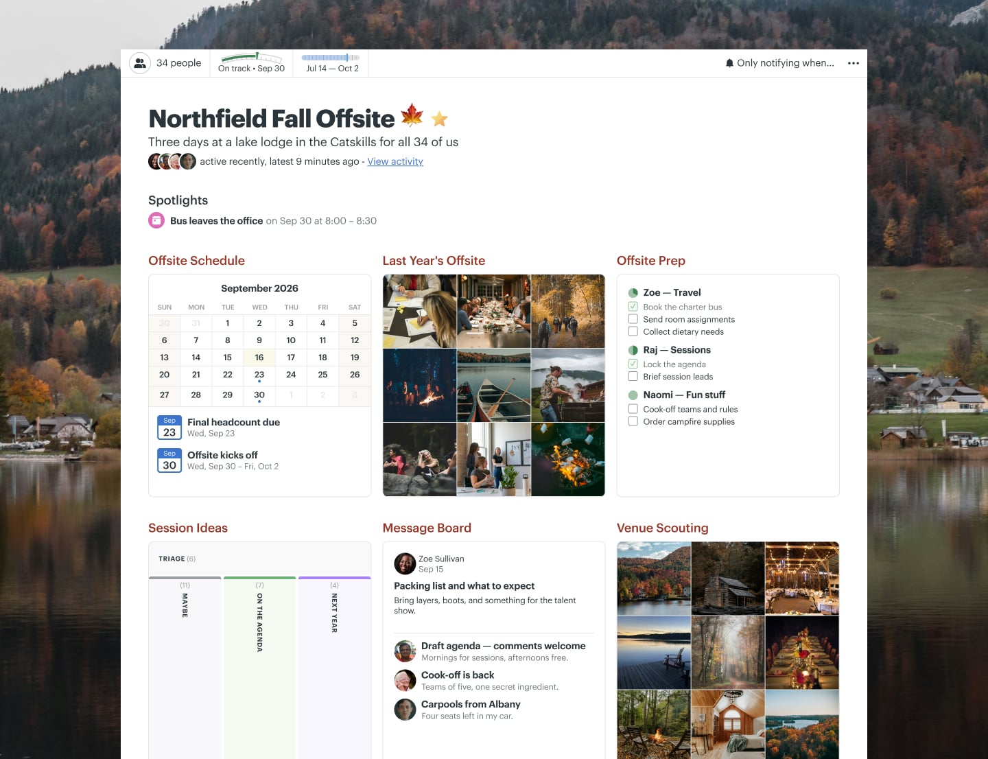A company offsite project in Basecamp with a Schedule, To-dos, a Card Table, Docs & Files, and a Message Board