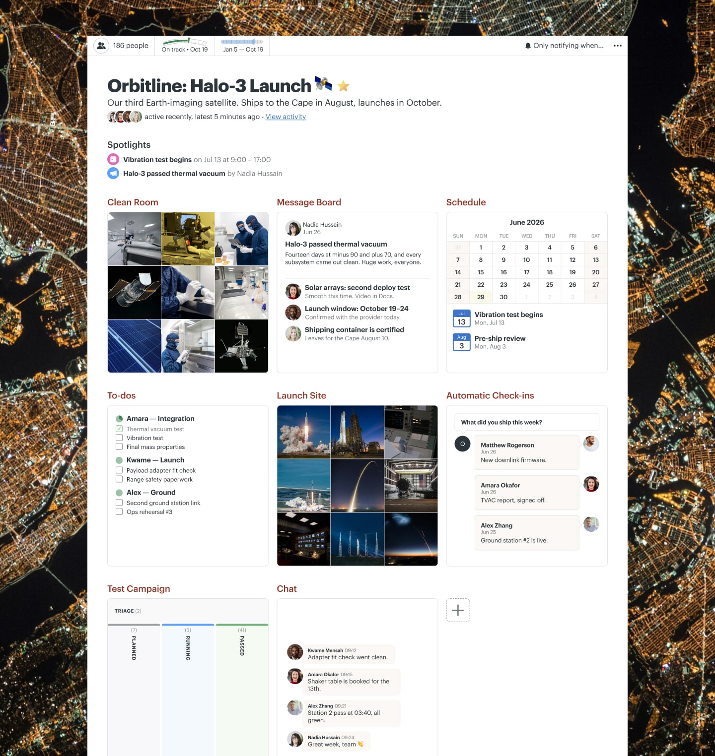 A satellite launch project in Basecamp with a Card Table, Docs & Files, a Message Board, a Schedule, and Automatic Check-ins