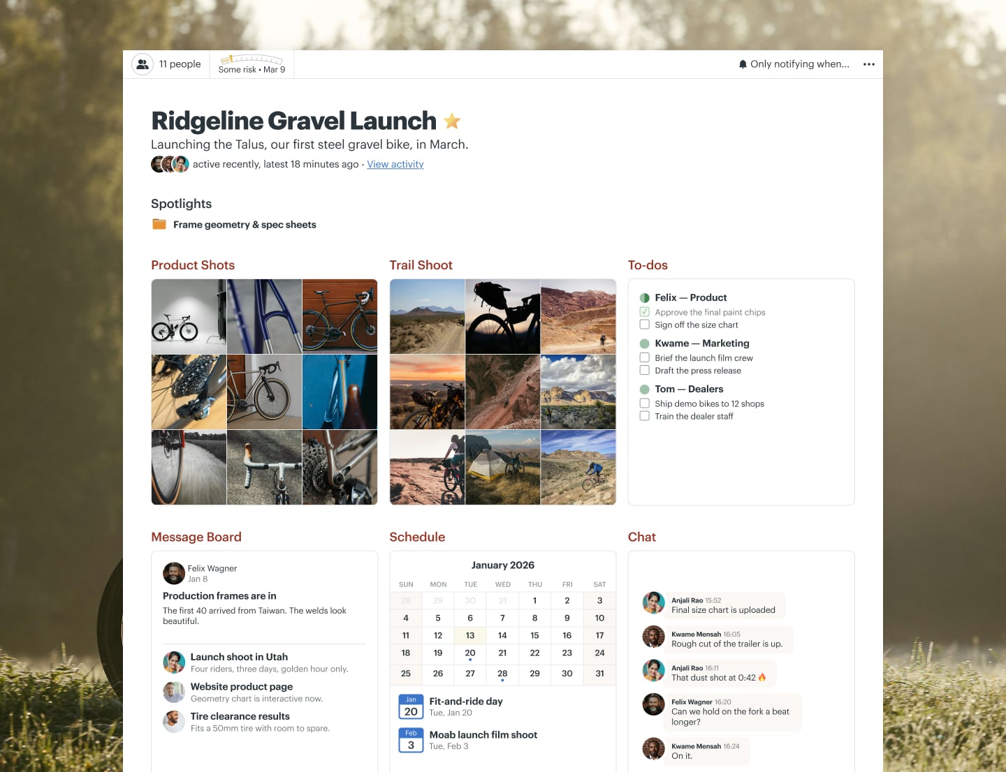 A gravel bike launch project in Basecamp with Docs & Files, a Message Board, To-dos, a Schedule, and Chat