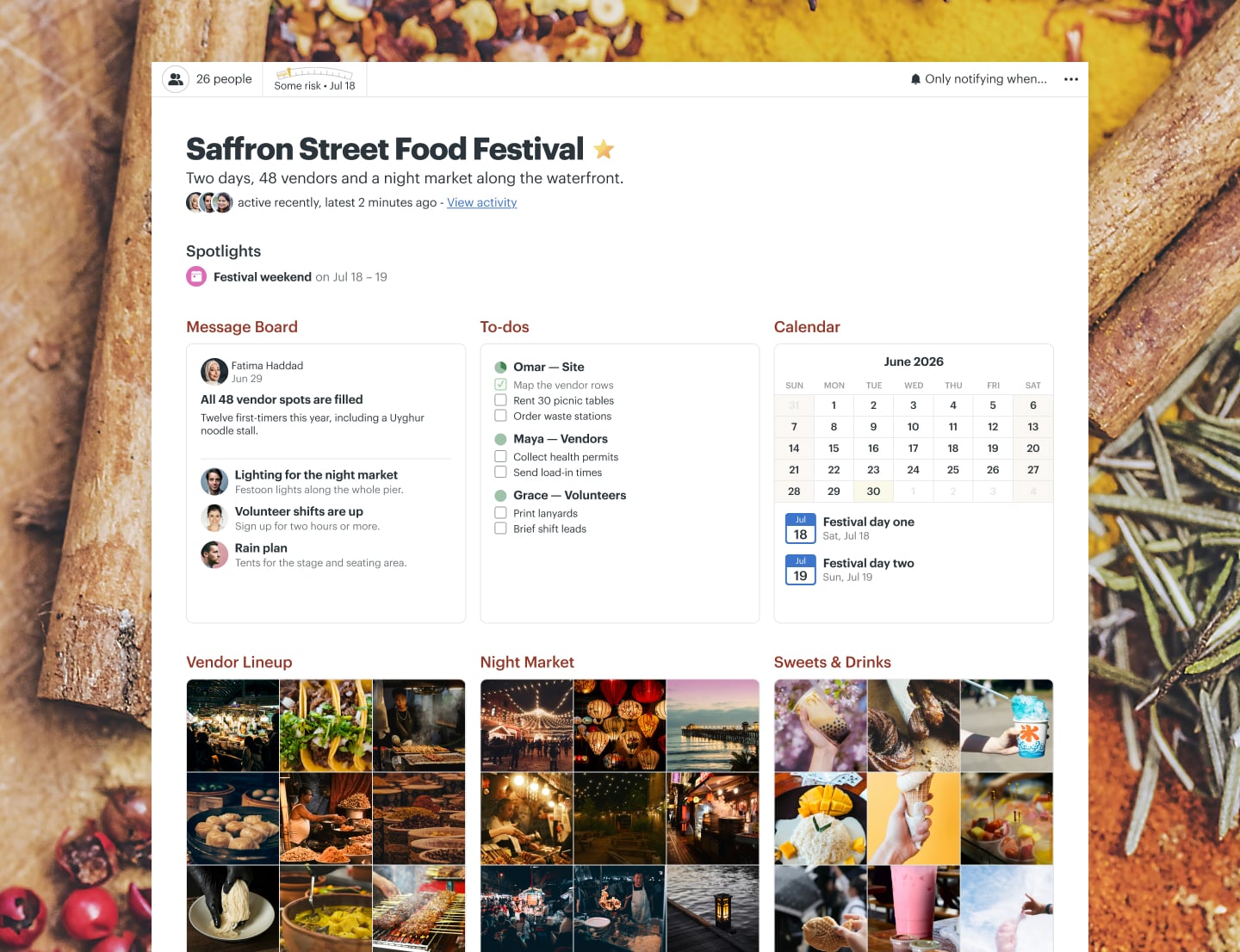 A food festival management project in Basecamp with a Message Board, a Calendar, Docs & Files, and To-dos