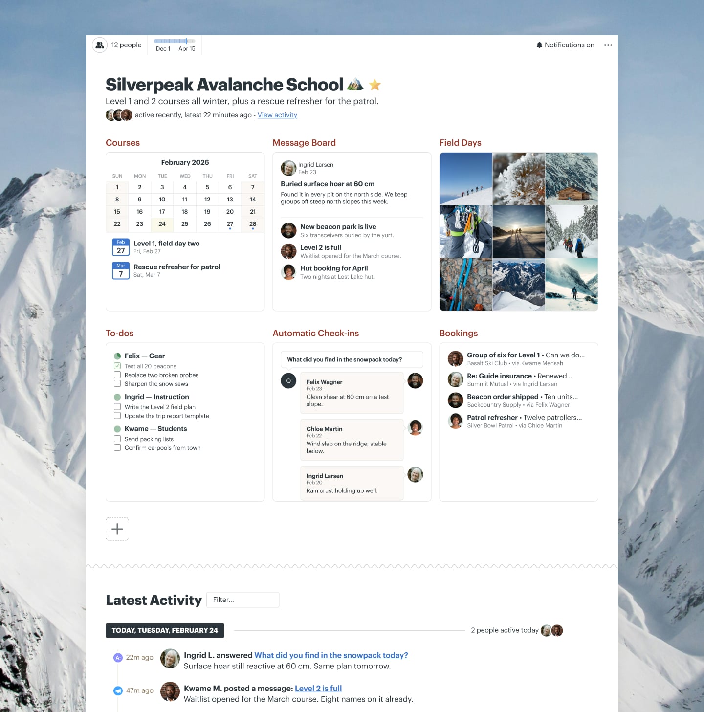 An avalanche safety courses project in Basecamp with a Schedule, Docs & Files, Email Forwards, a Message Board, and Automatic Check-ins