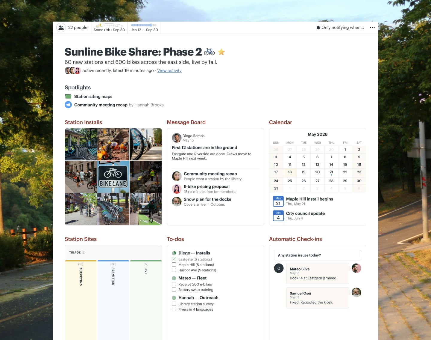 A bike share expansion project in Basecamp with a Card Table, Docs & Files, a Message Board, and Automatic Check-ins