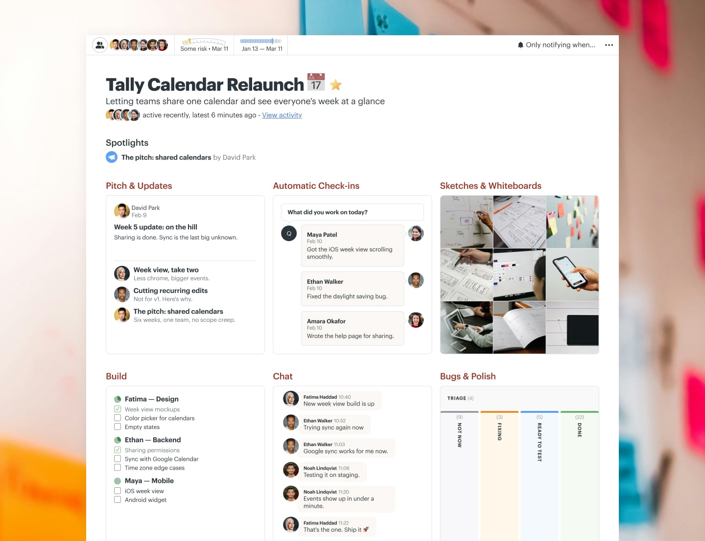 A software relaunch project in Basecamp with a Message Board, a Card Table, Docs & Files, To-dos, Automatic Check-ins, and Chat
