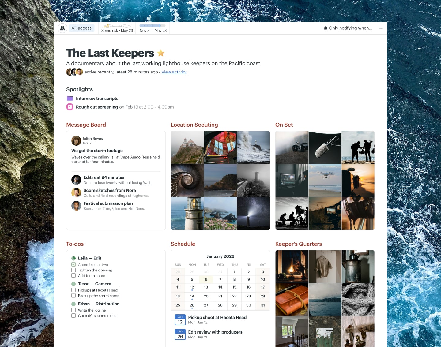 A documentary production project in Basecamp with Docs & Files, a Message Board, To-dos, and a Schedule