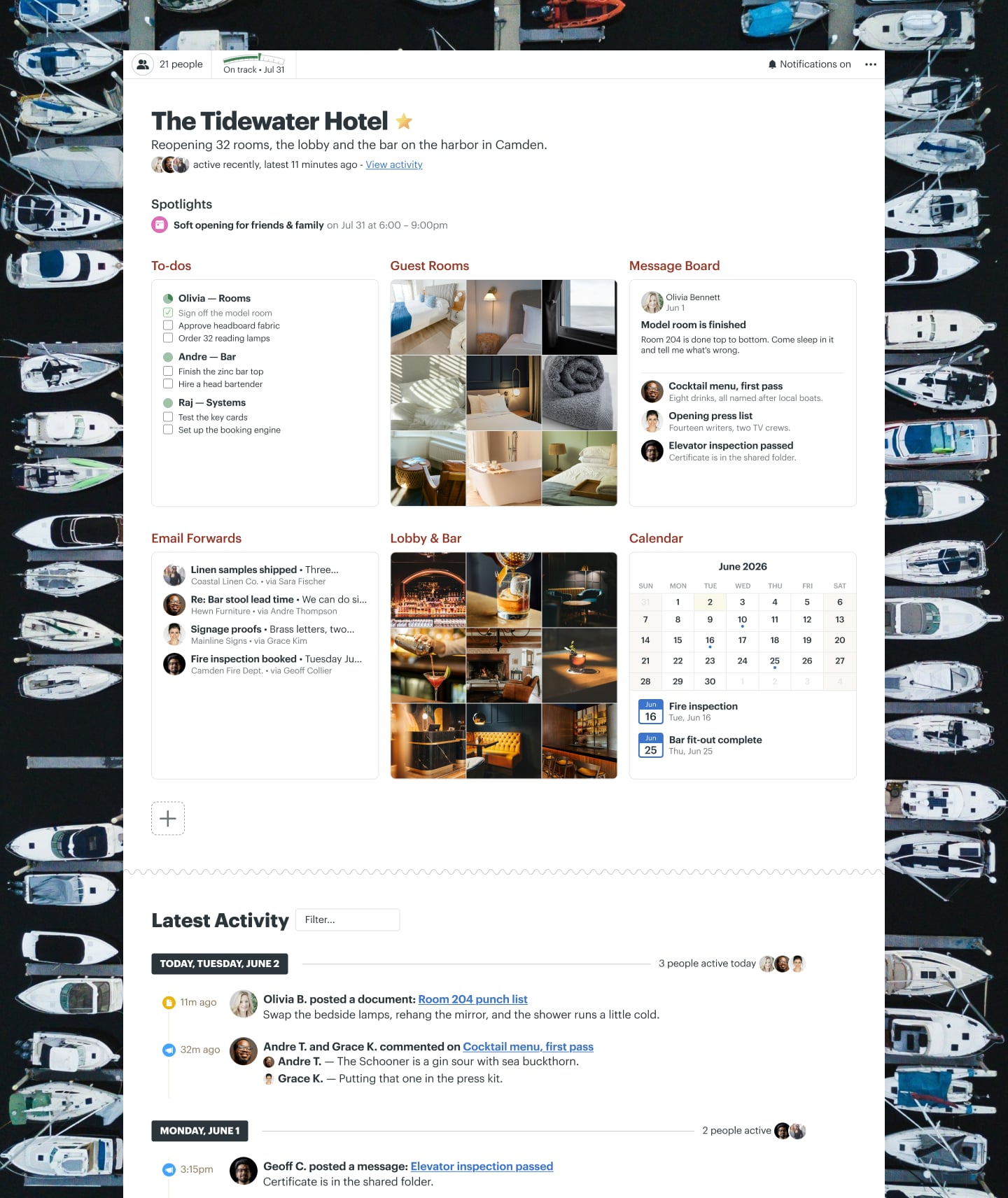 A hotel renovation project in Basecamp with Docs & Files, a Message Board, Email Forwards, To-dos, and a Calendar