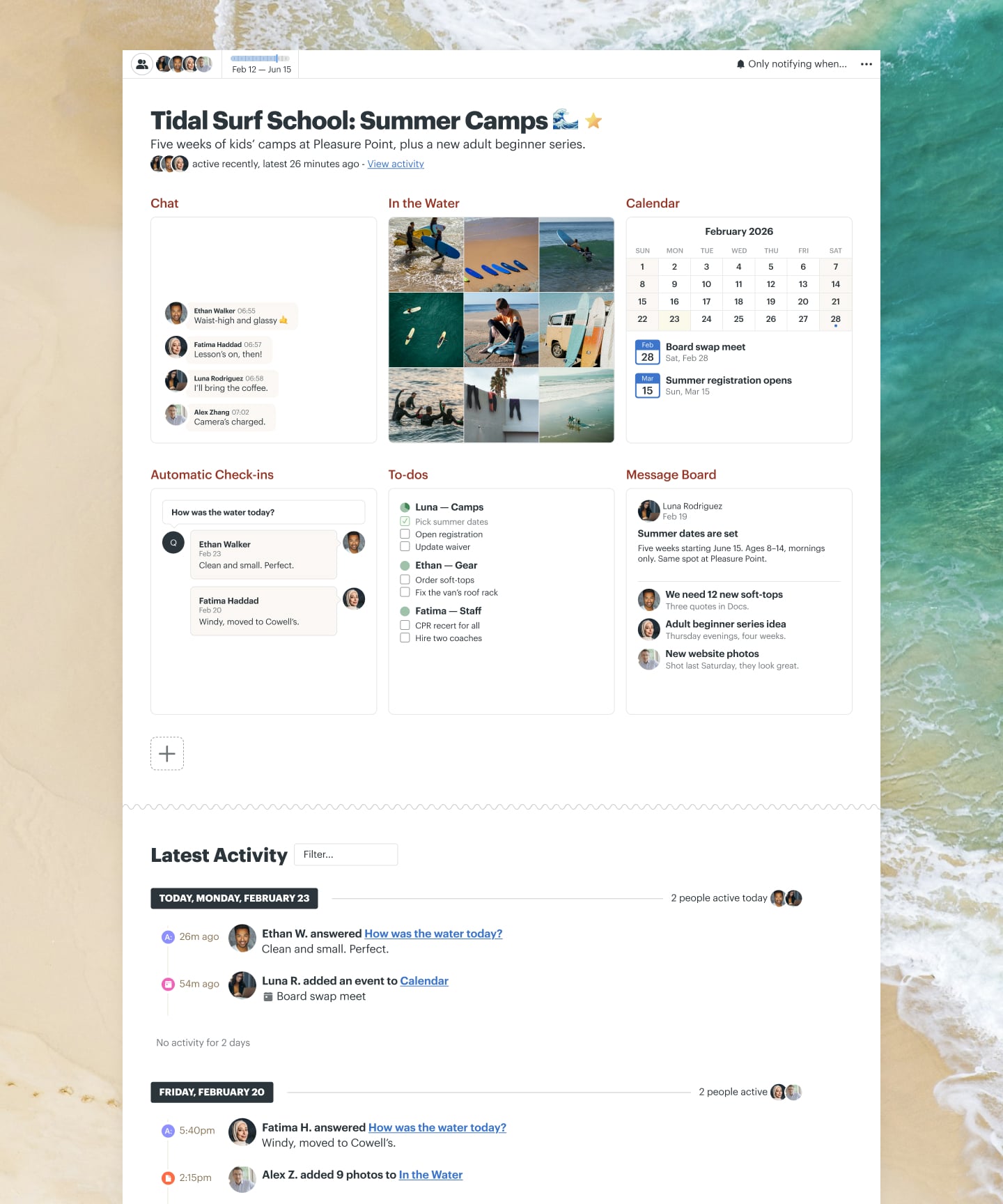 A summer surf camps project in Basecamp with Docs & Files, a Message Board, a Calendar, To-dos, Chat, and Automatic Check-ins