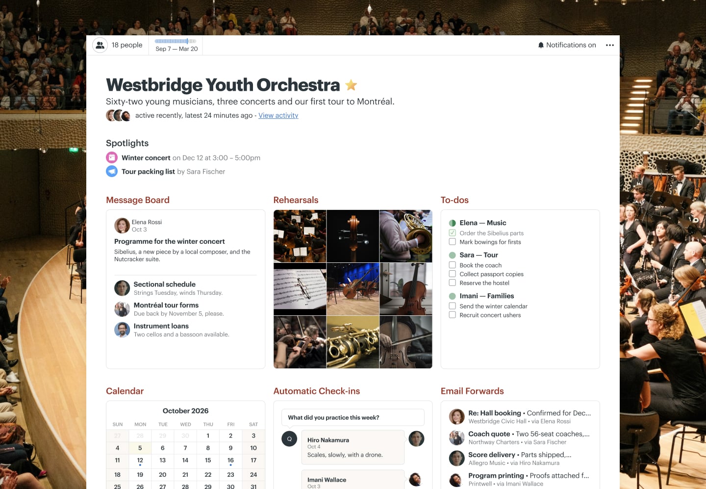 A youth orchestra tour project in Basecamp with a Message Board, Docs & Files, a Calendar, To-dos, Email Forwards, and Automatic Check-ins