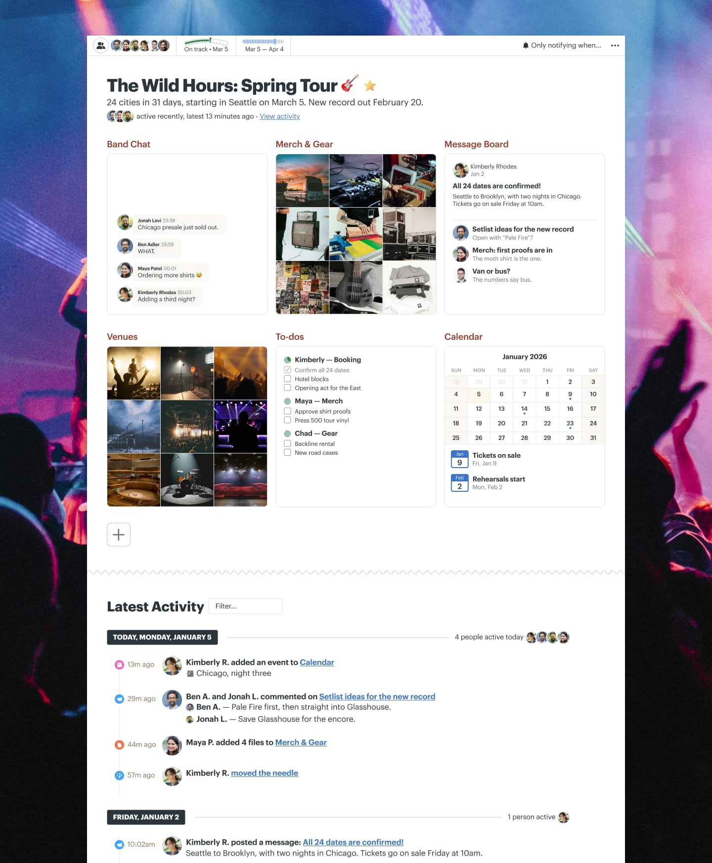 A band tour planning project in Basecamp with a Message Board, Docs & Files, Chat, To-dos, and a Calendar