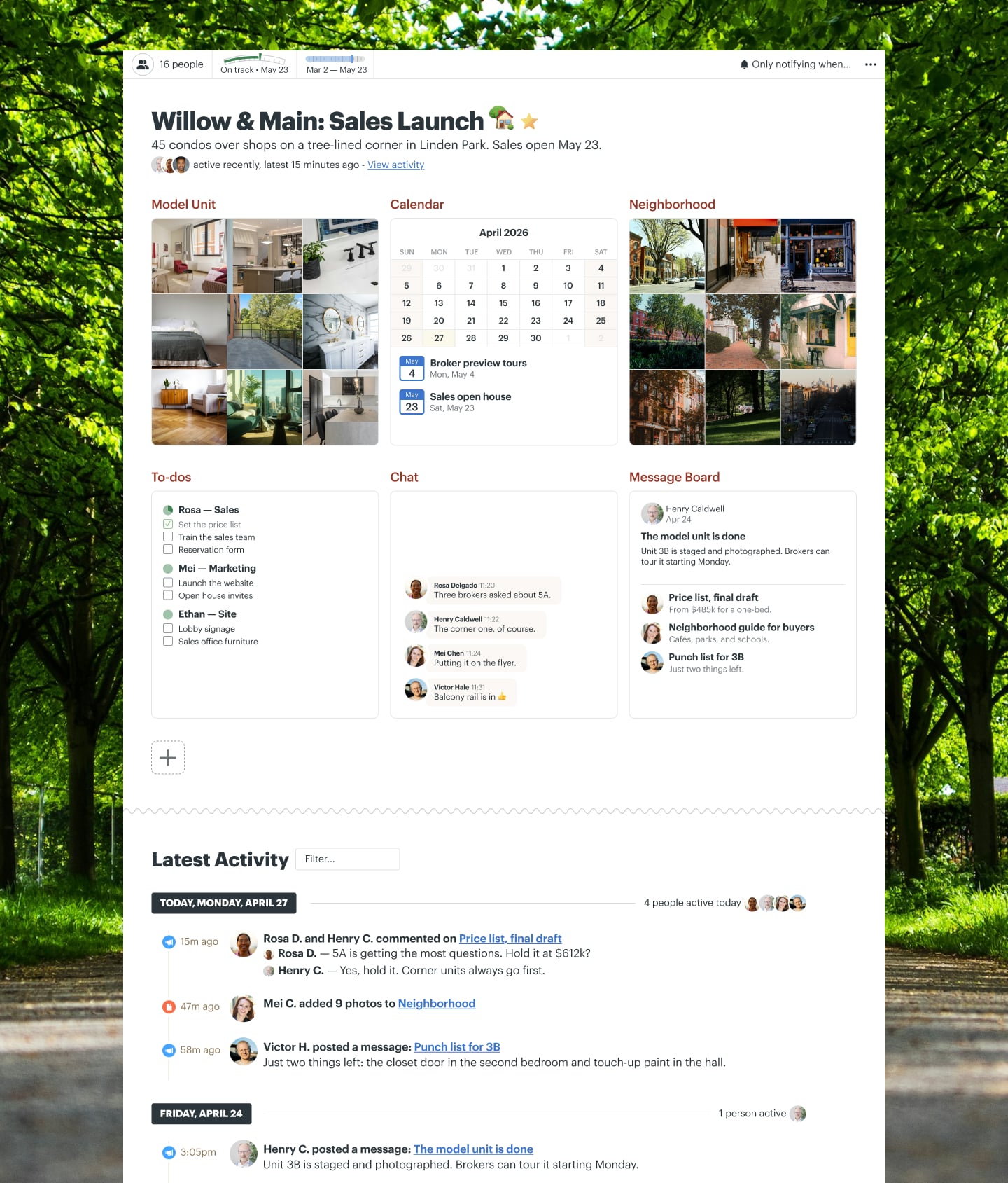 A condo sales launch project in Basecamp with Docs & Files, a Message Board, a Calendar, To-dos, and Chat