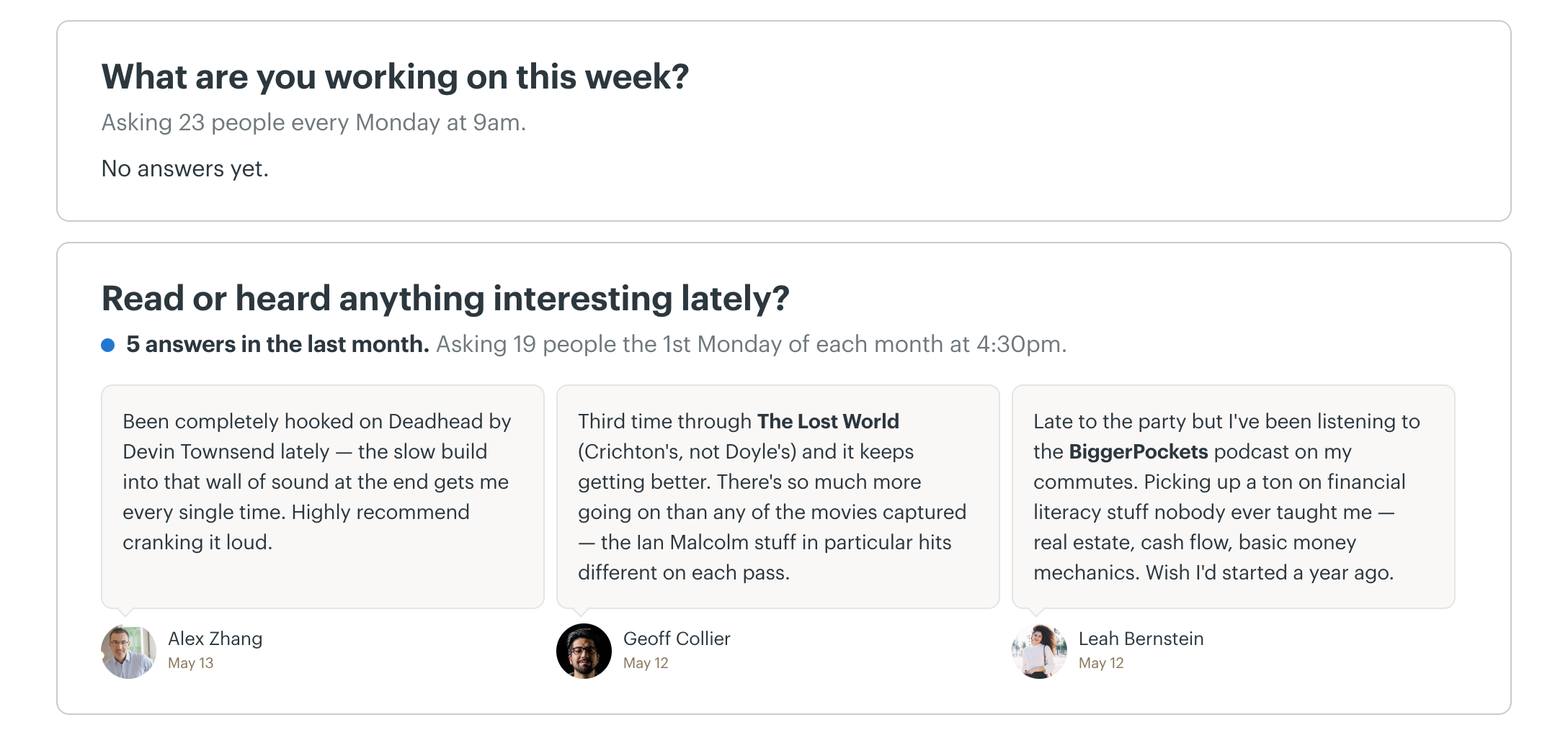 Automatic Check-ins for recurring questions