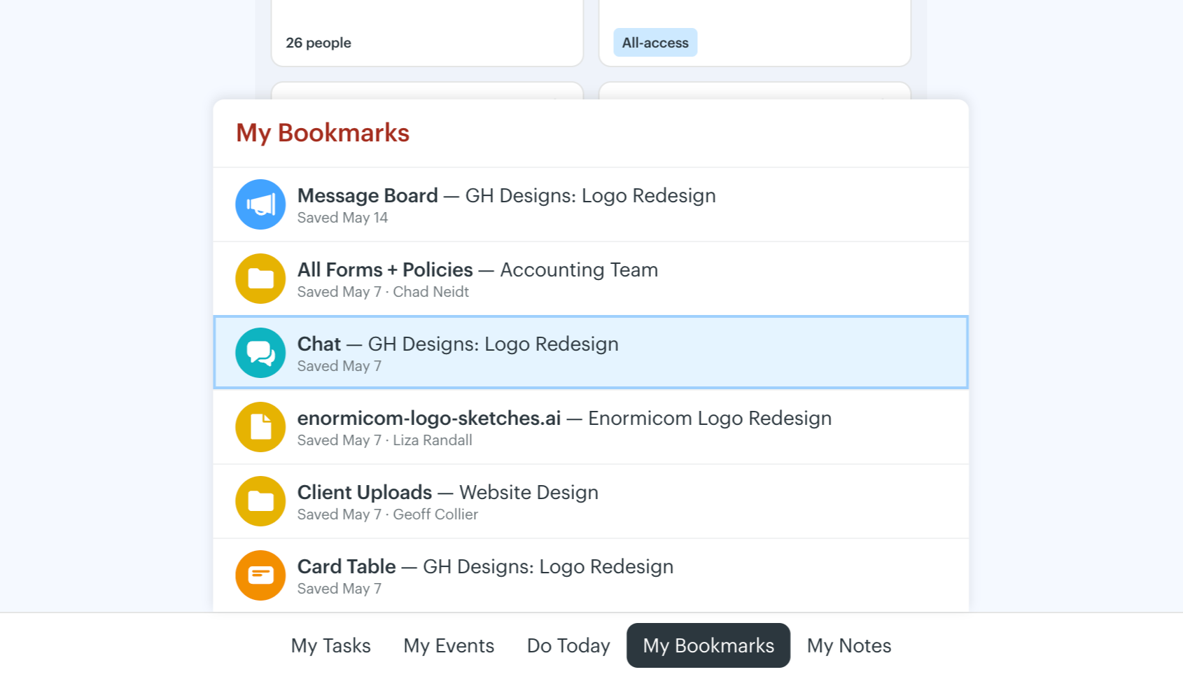 My Tasks, Events, Today, Bookmarks, and Notes